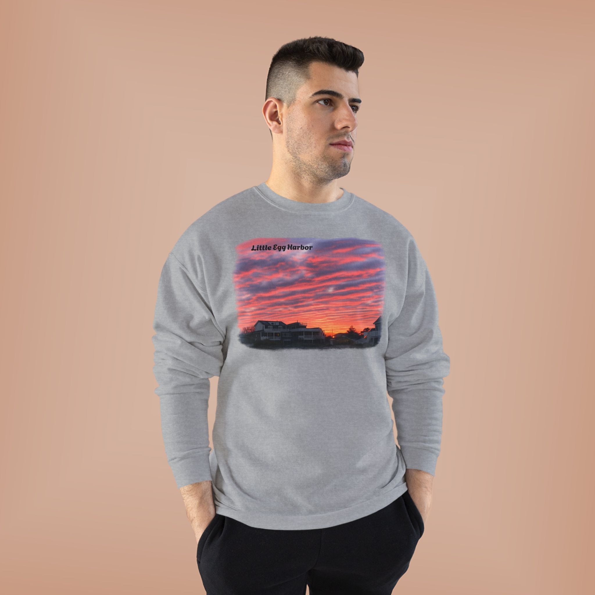 Sunset Landscape Crewneck Sweatshirt – "Little Bay Harbor" Scenic Graphic