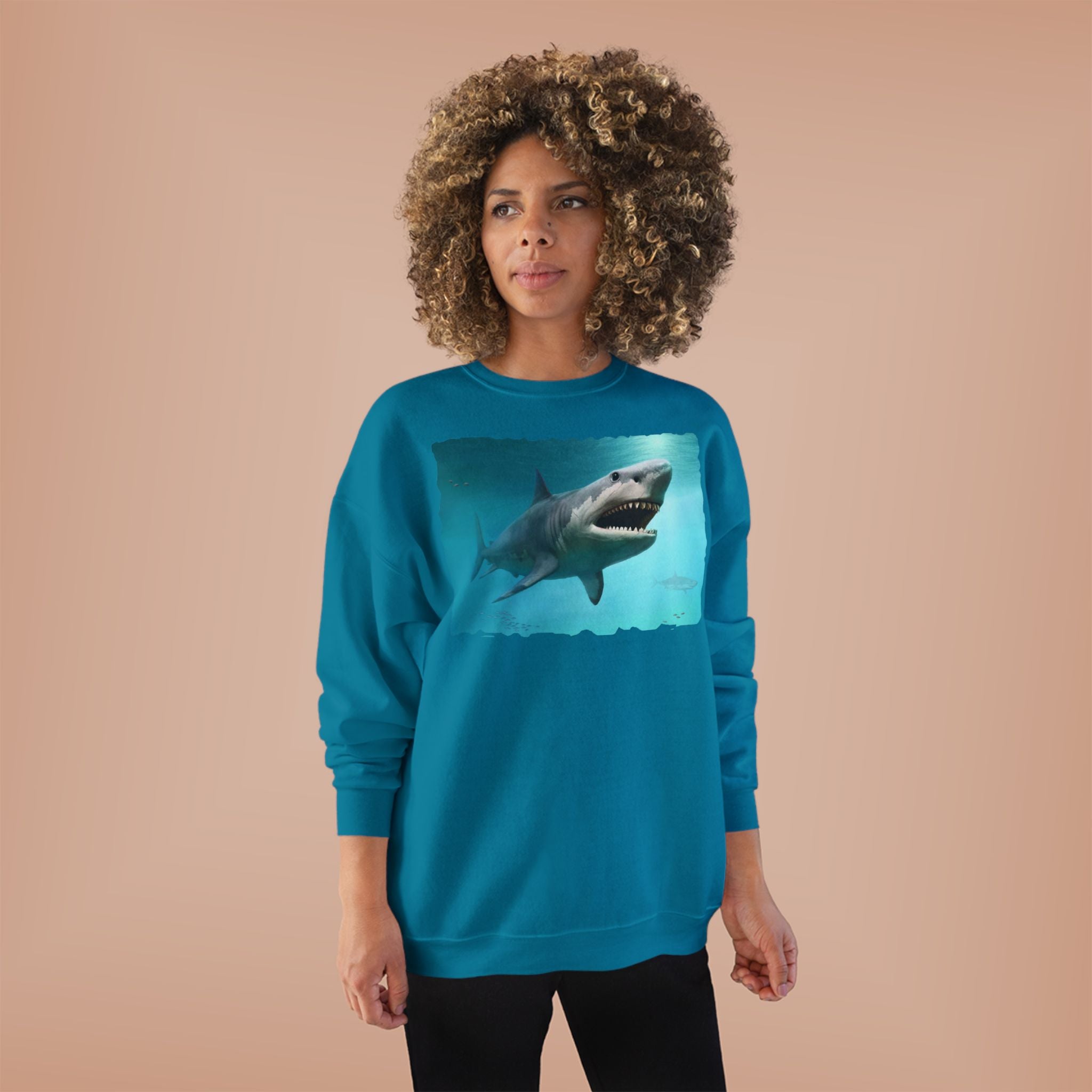 Shark Graphic Crewneck Sweatshirt — Great White Ocean Illustration