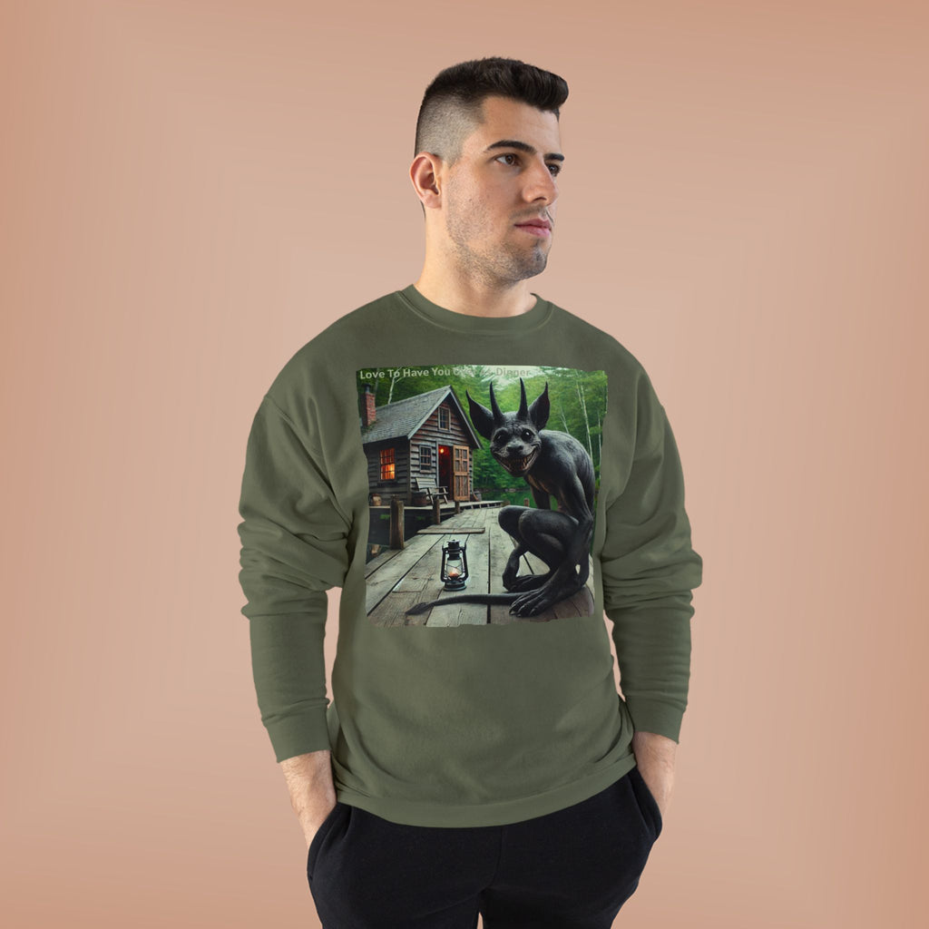 Creepy Cabin Gargoyle Sweatshirt — Haunted Forest Monster Crewneck