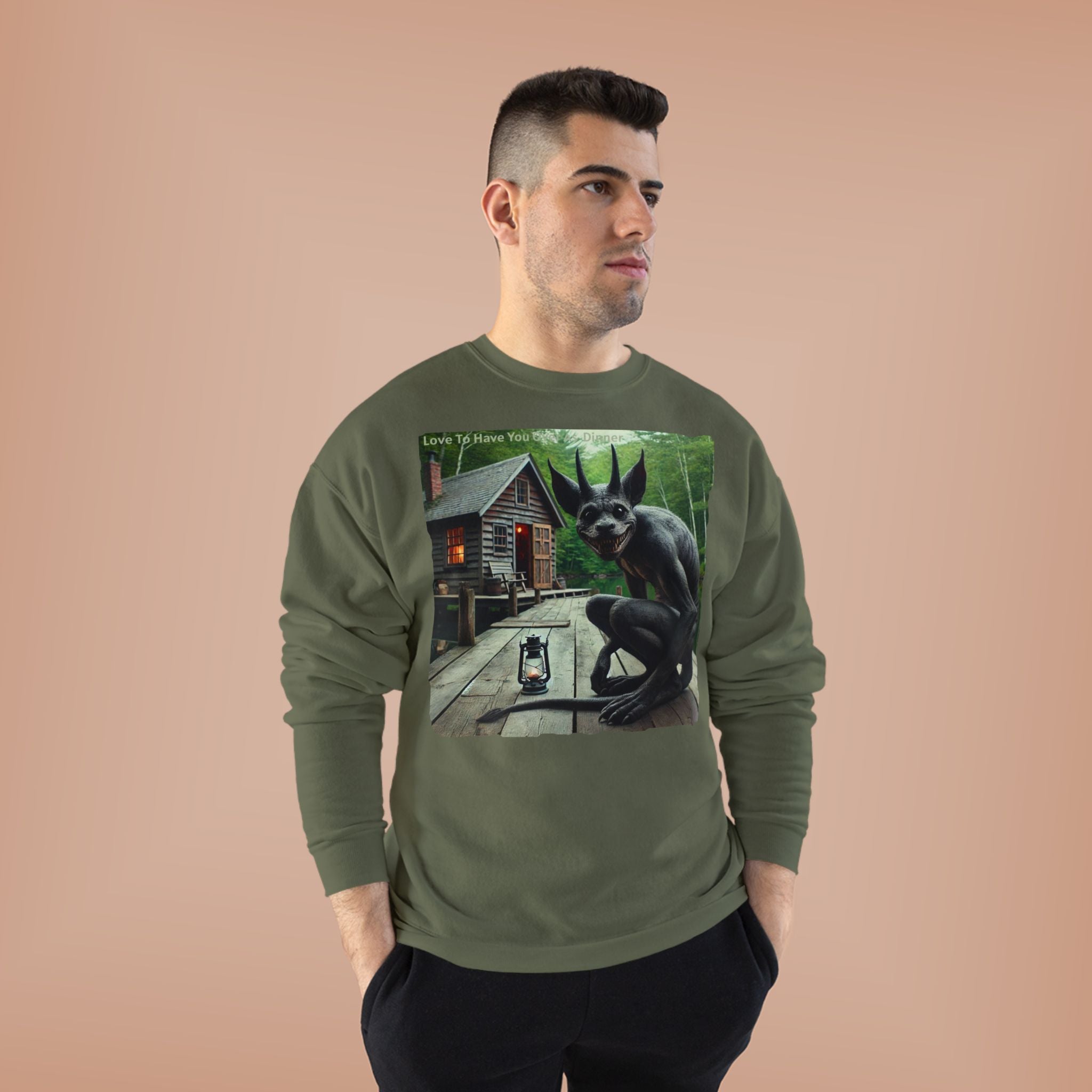 Creepy Cabin Gargoyle Sweatshirt — Haunted Forest Monster Crewneck