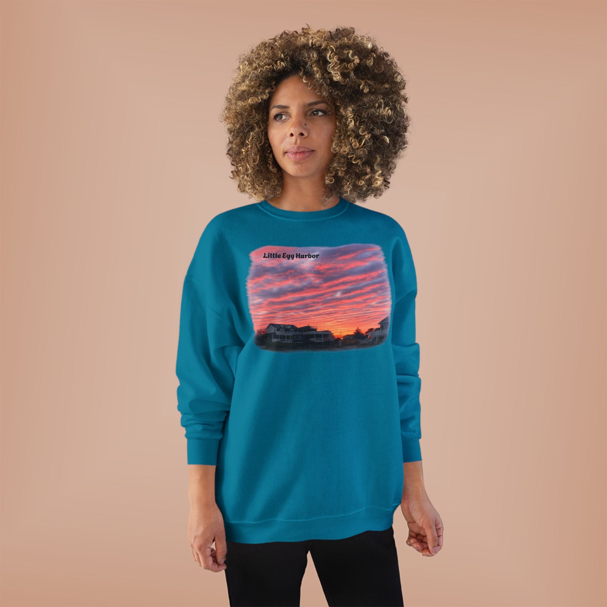 Sunset Landscape Crewneck Sweatshirt – "Little Bay Harbor" Scenic Graphic
