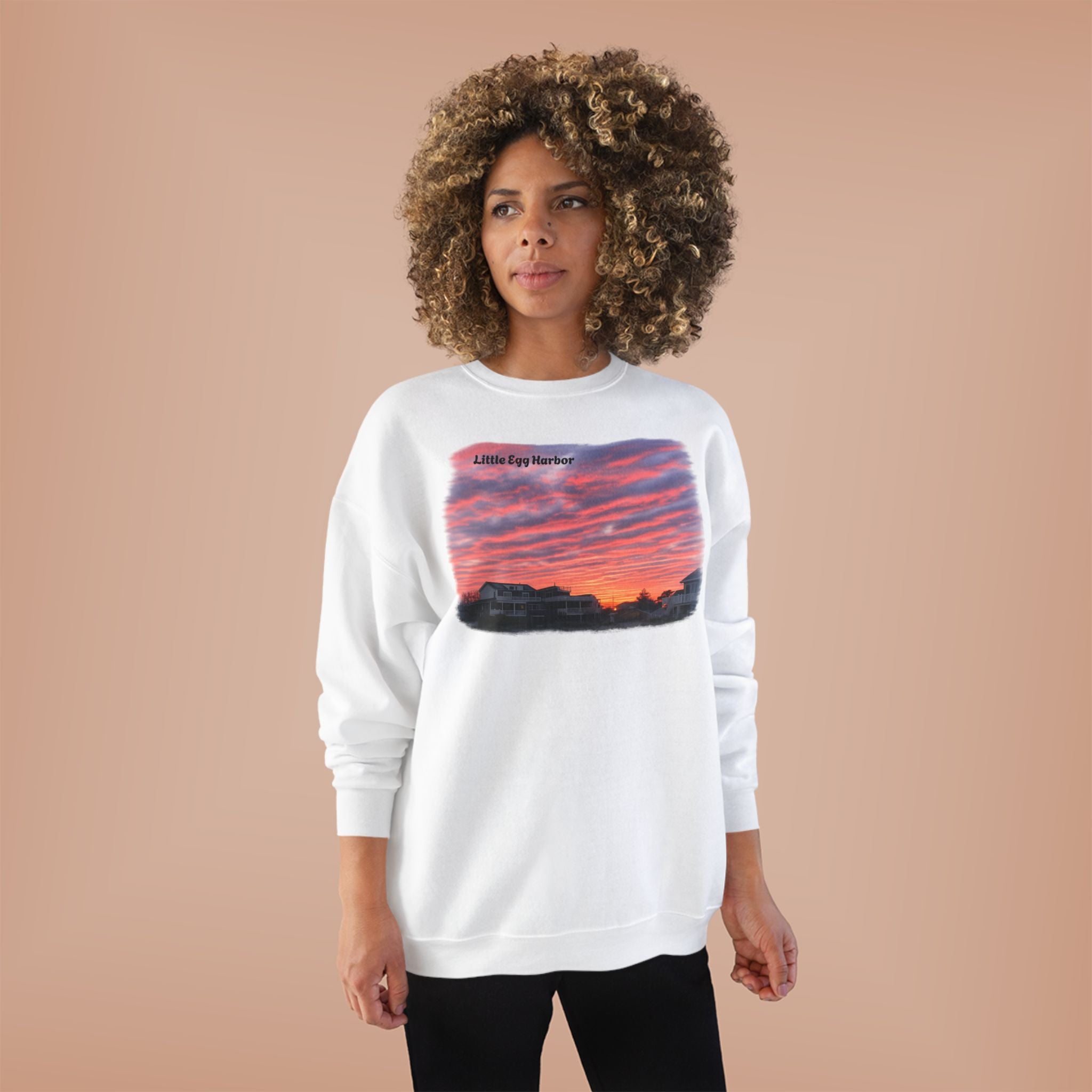 Sunset Landscape Crewneck Sweatshirt – "Little Bay Harbor" Scenic Graphic
