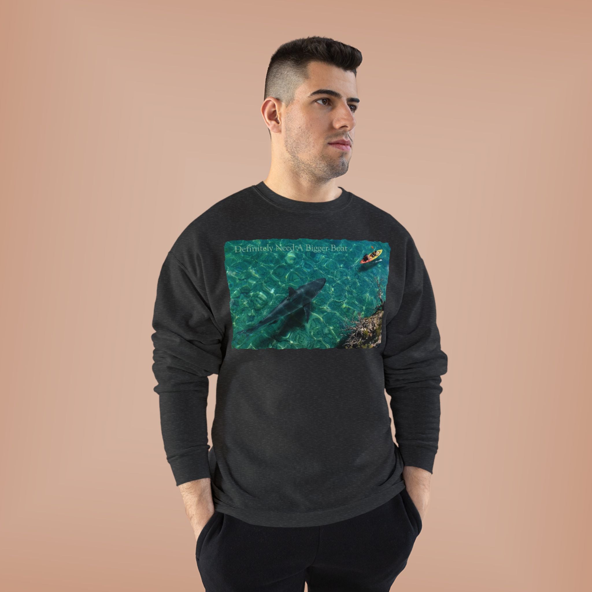 Crewneck Sweatshirt — Kayak Over Shark Photo Graphic