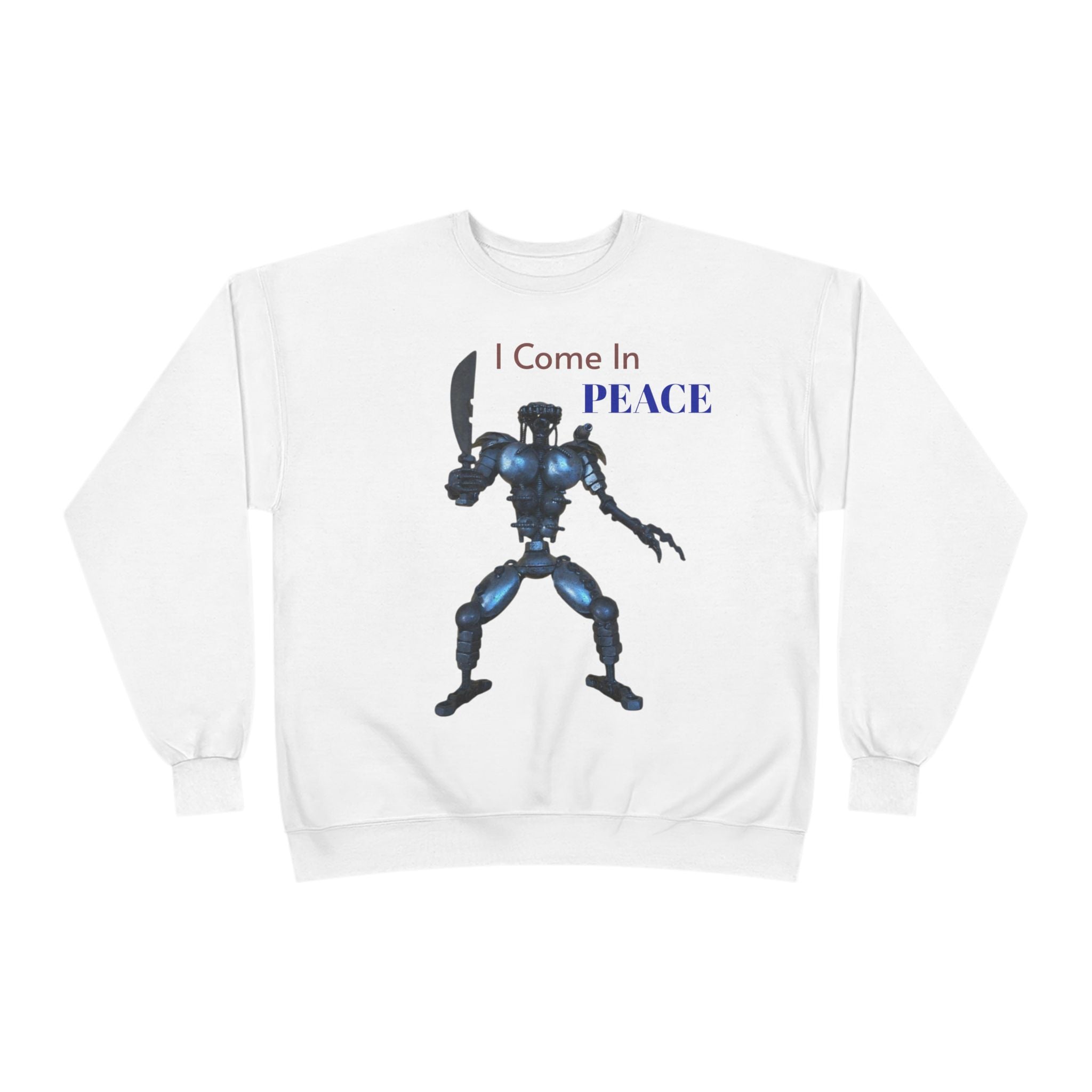 I Come In Peace Robot Crewneck Sweatshirt — Sci‑Fi Alien Warrior Graphic