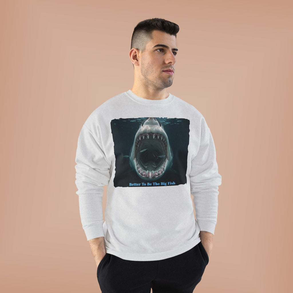 Shark Bite Crewneck Sweatshirt — 'Batter Up, Be The Big Fish' Graphic