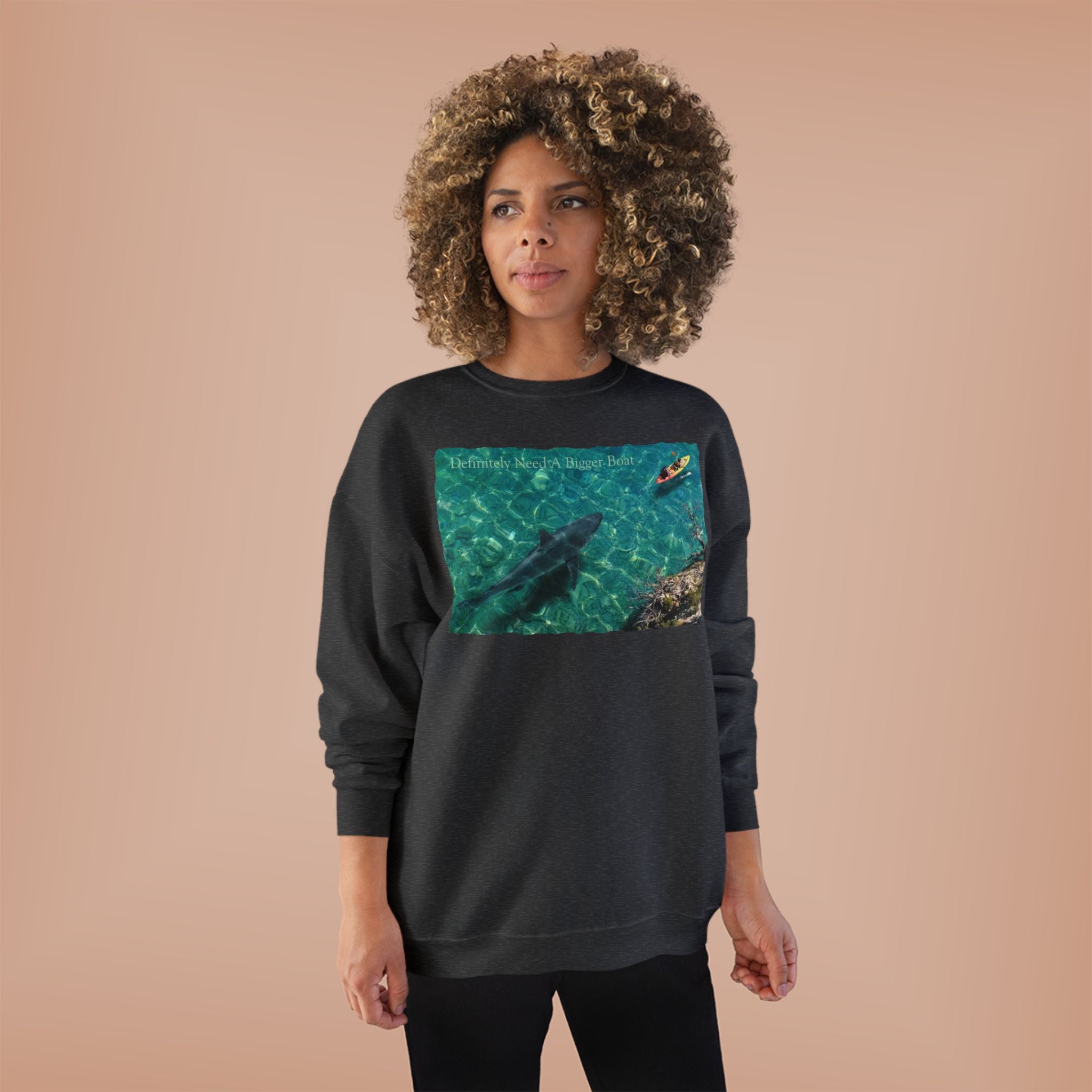 Crewneck Sweatshirt — Kayak Over Shark Photo Graphic