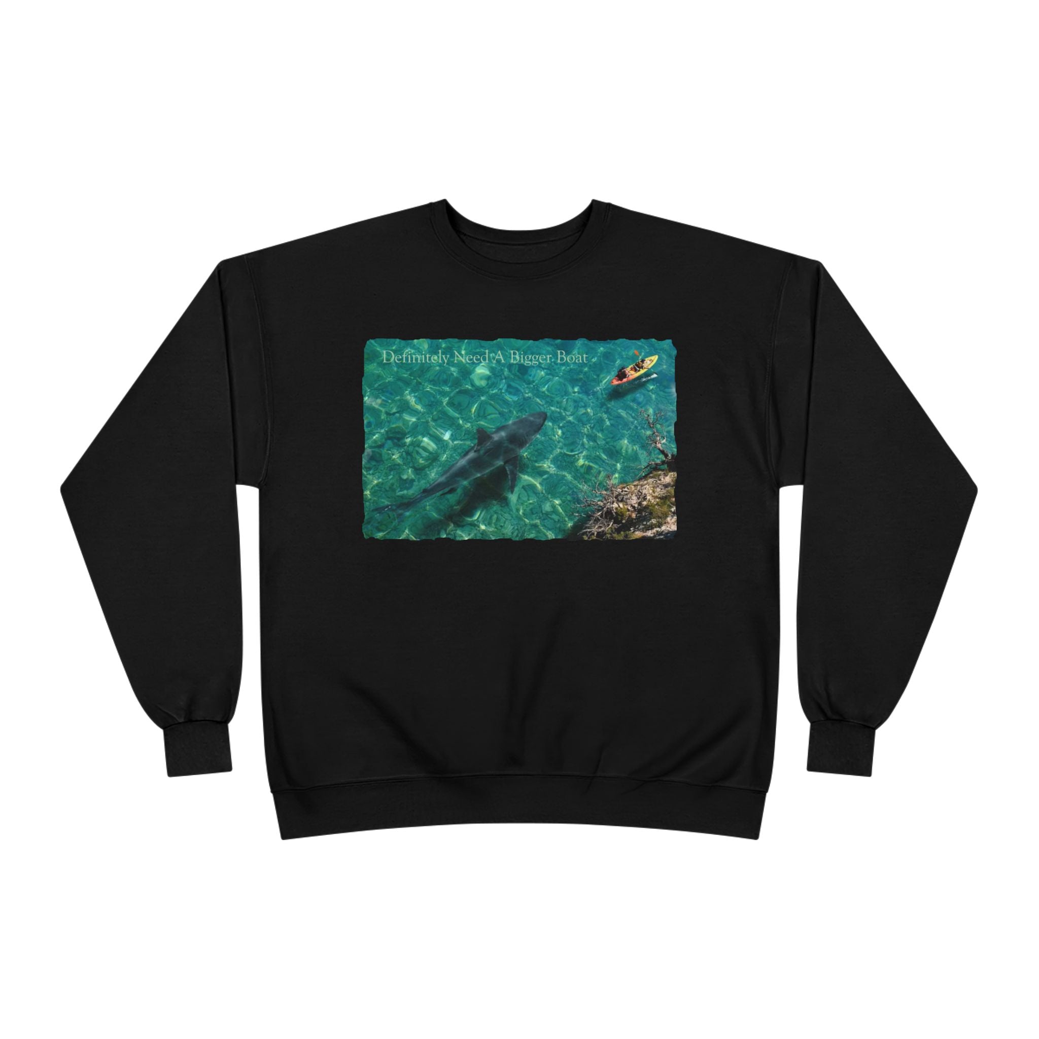 Crewneck Sweatshirt — Kayak Over Shark Photo Graphic