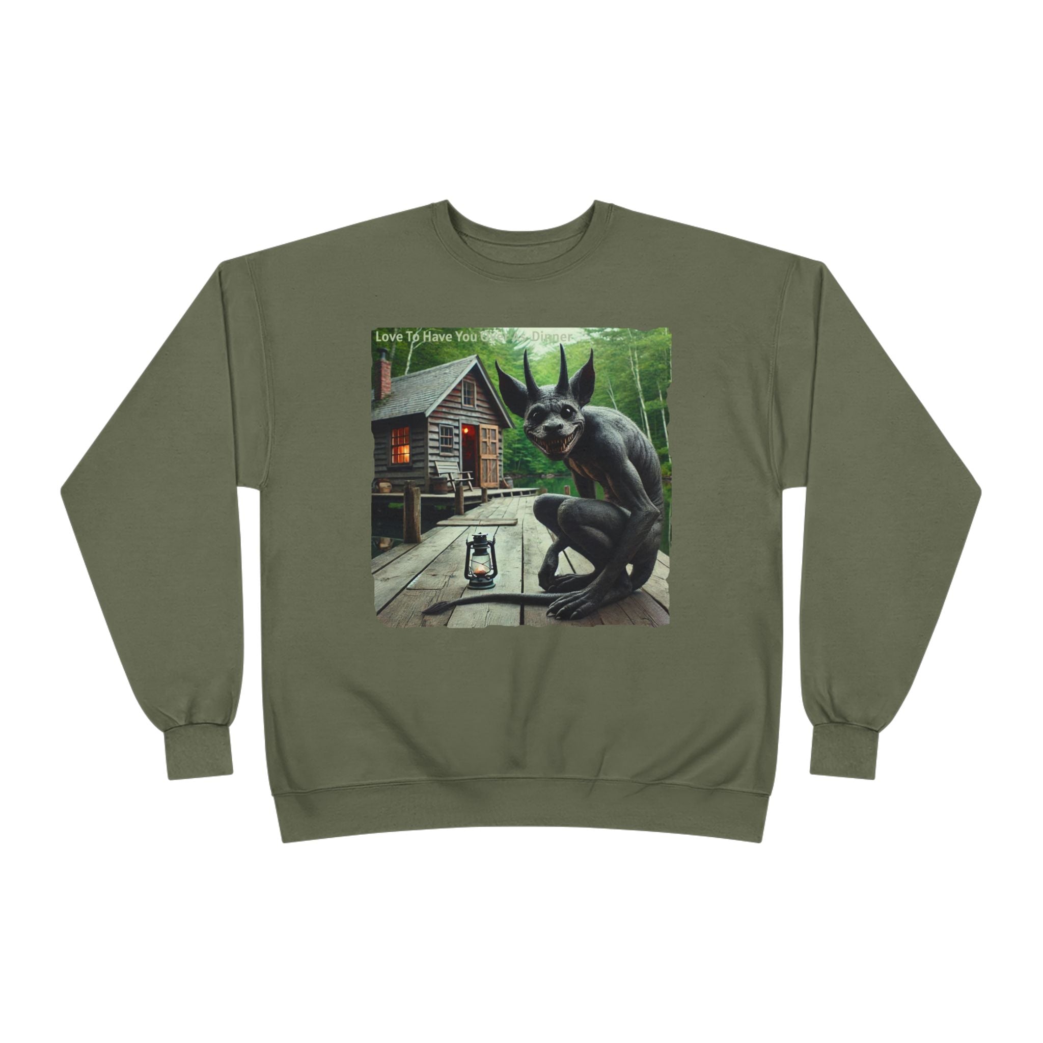 Creepy Cabin Gargoyle Sweatshirt — Haunted Forest Monster Crewneck