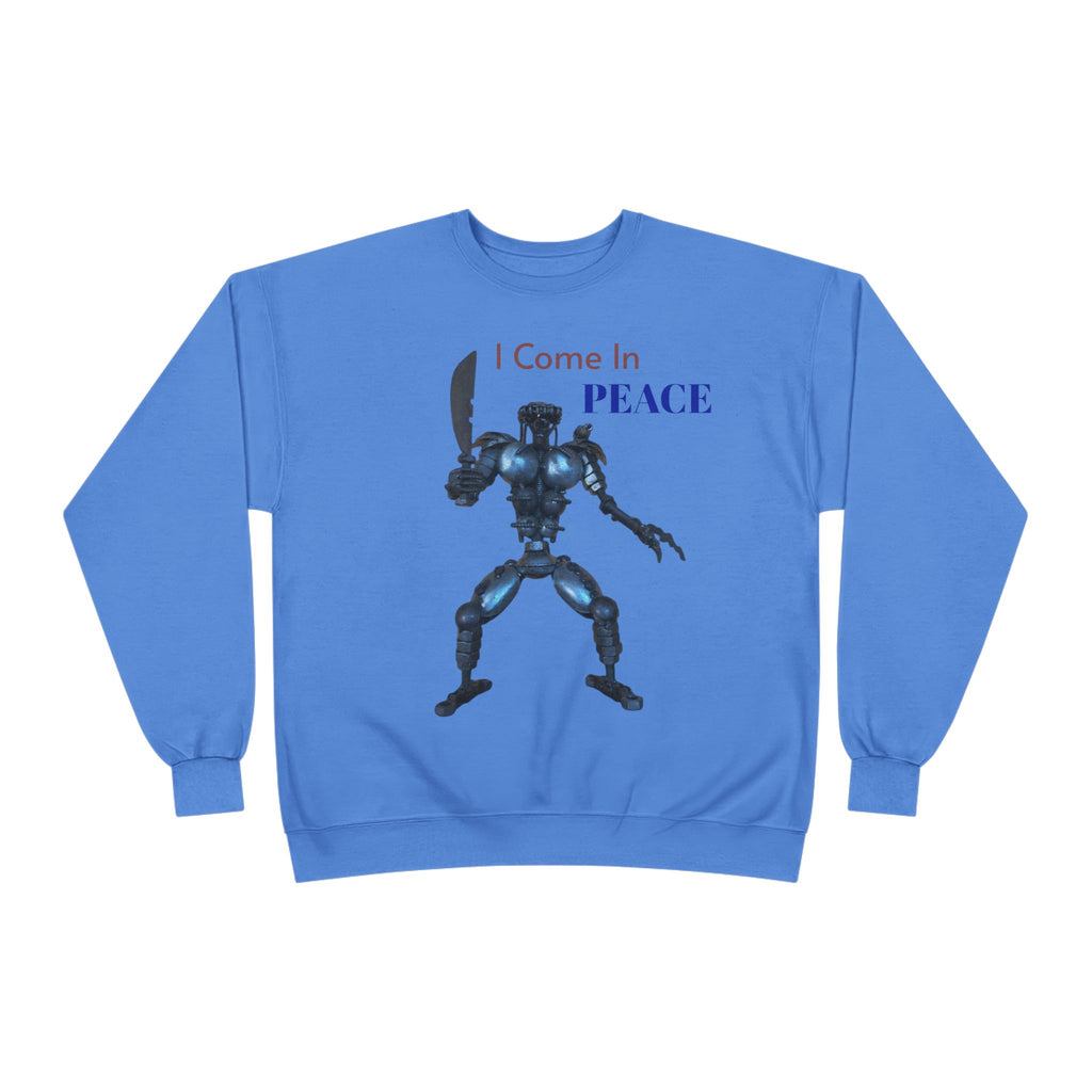 I Come In Peace Robot Crewneck Sweatshirt — Sci‑Fi Alien Warrior Graphic