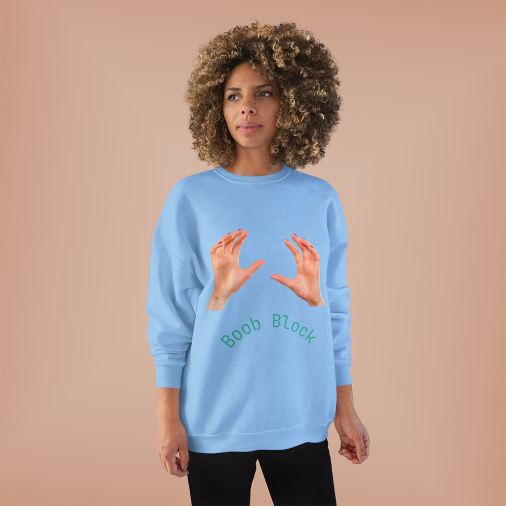 Crewneck Sweatshirt — "Boob Block" Hands Graphic Pullover