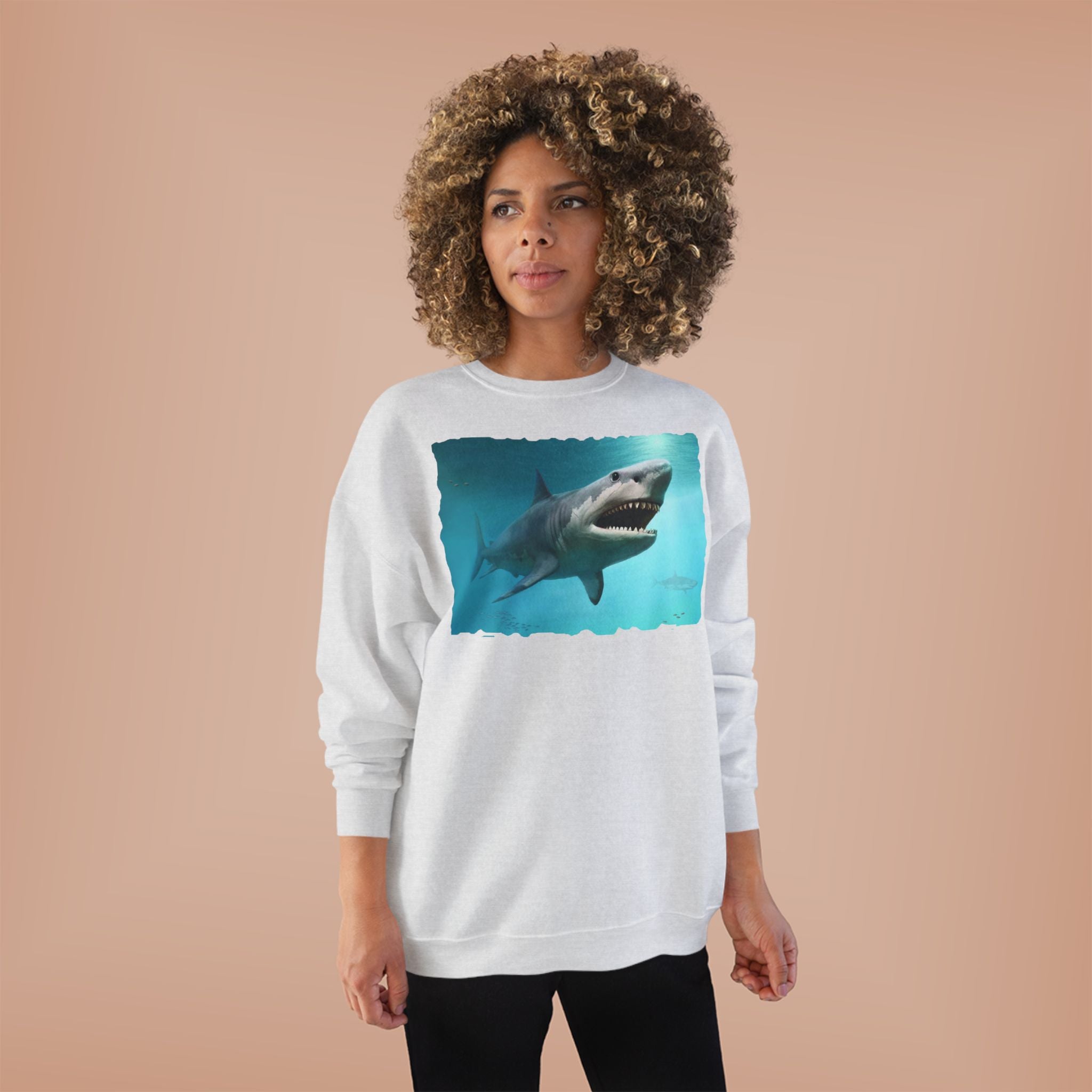 Shark Graphic Crewneck Sweatshirt — Great White Ocean Illustration