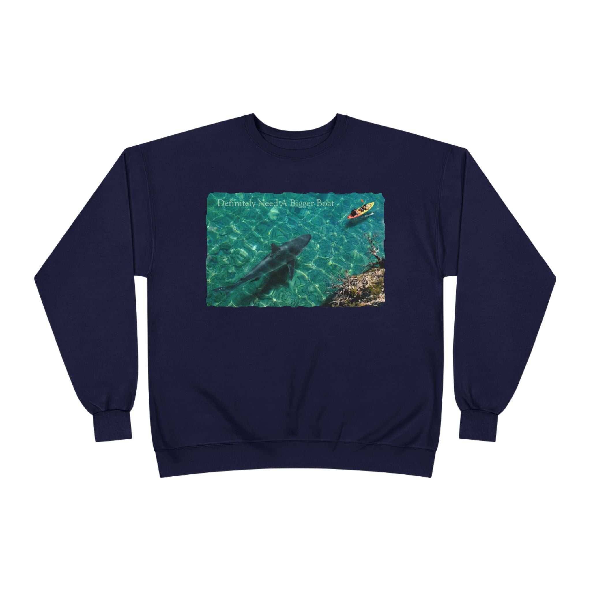 Crewneck Sweatshirt — Kayak Over Shark Photo Graphic